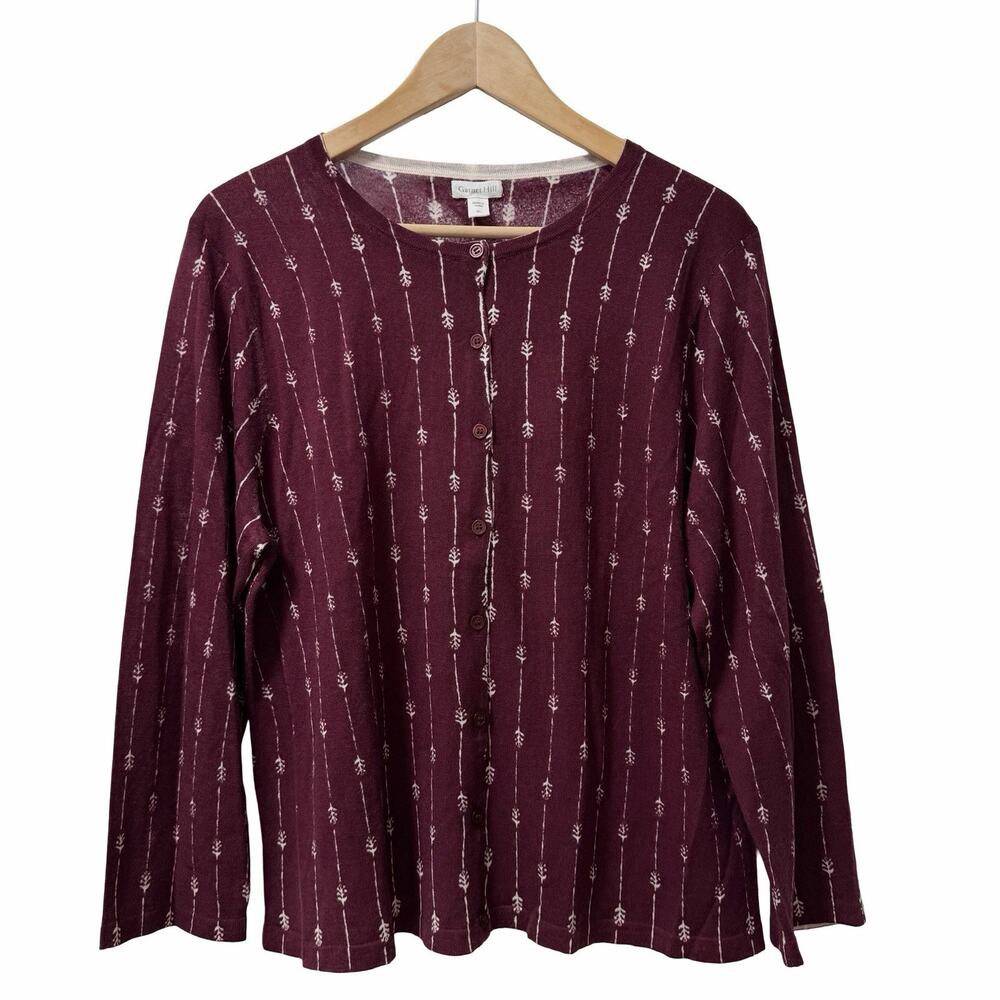 Garnet Hill Womens Eco Merino Wool Floral Button‎ Cardigan Size XL Purple Luxe